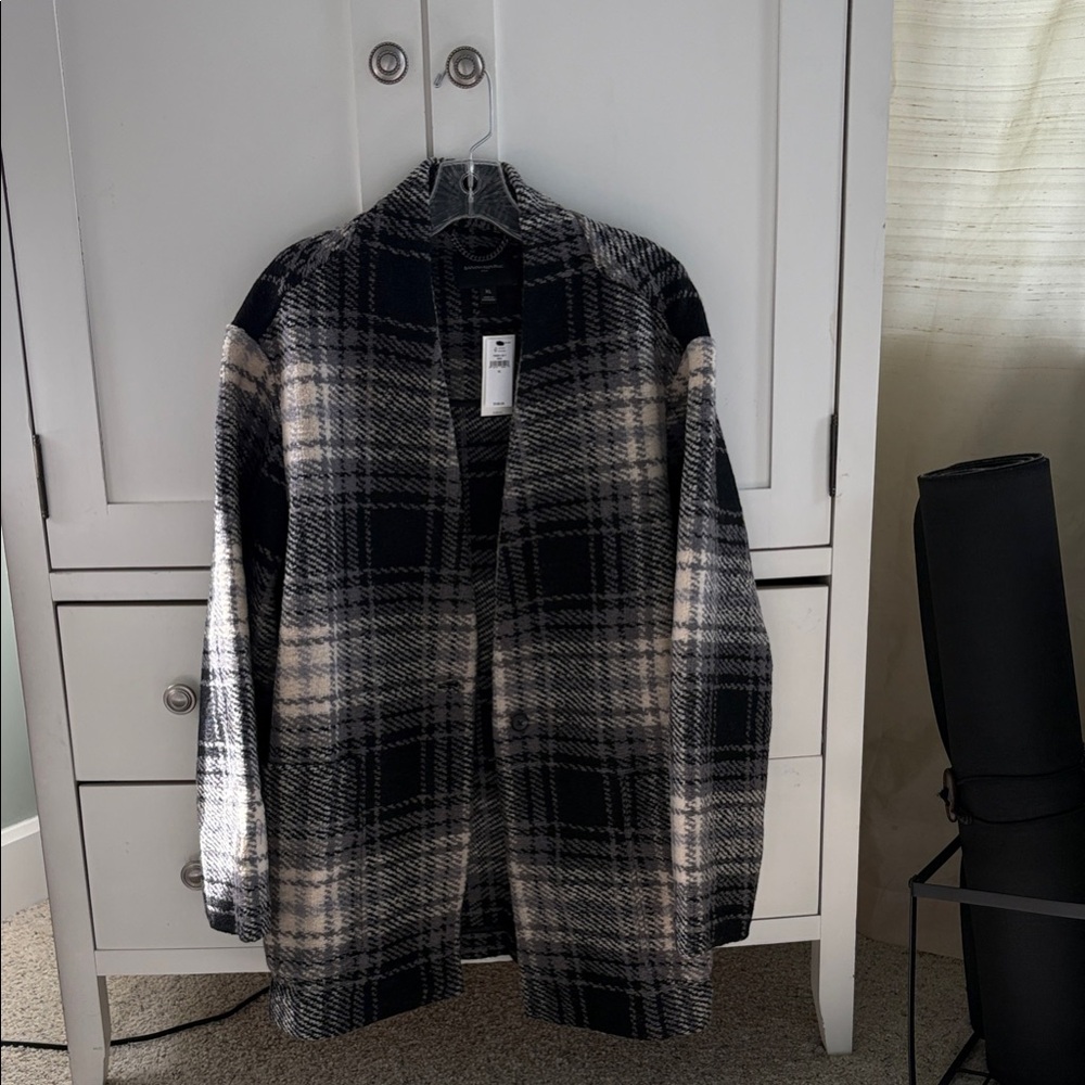 Banana Republic Black and Cream Plaid Boucle Knit Coat NWT XL